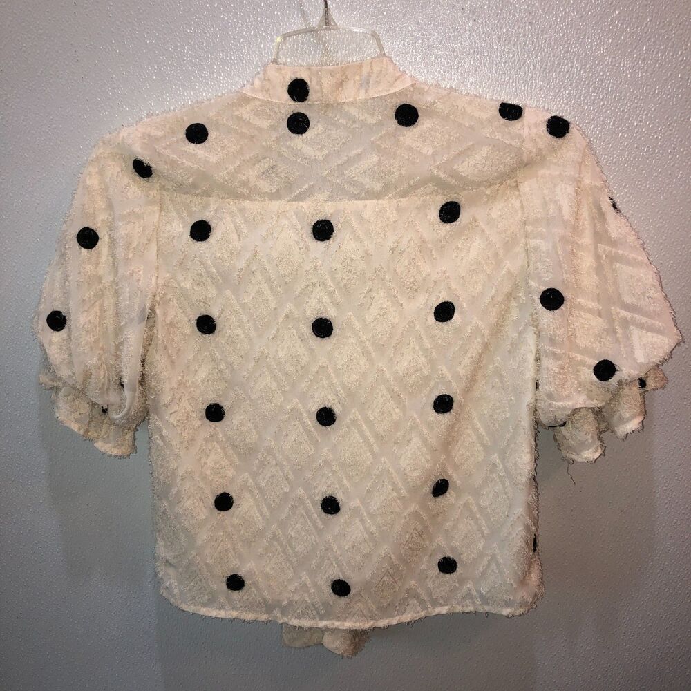 THML Womens XS Cream Black Dot Textured Jacquard Tie Front Blouse Top Damage - Picture 7 of 11